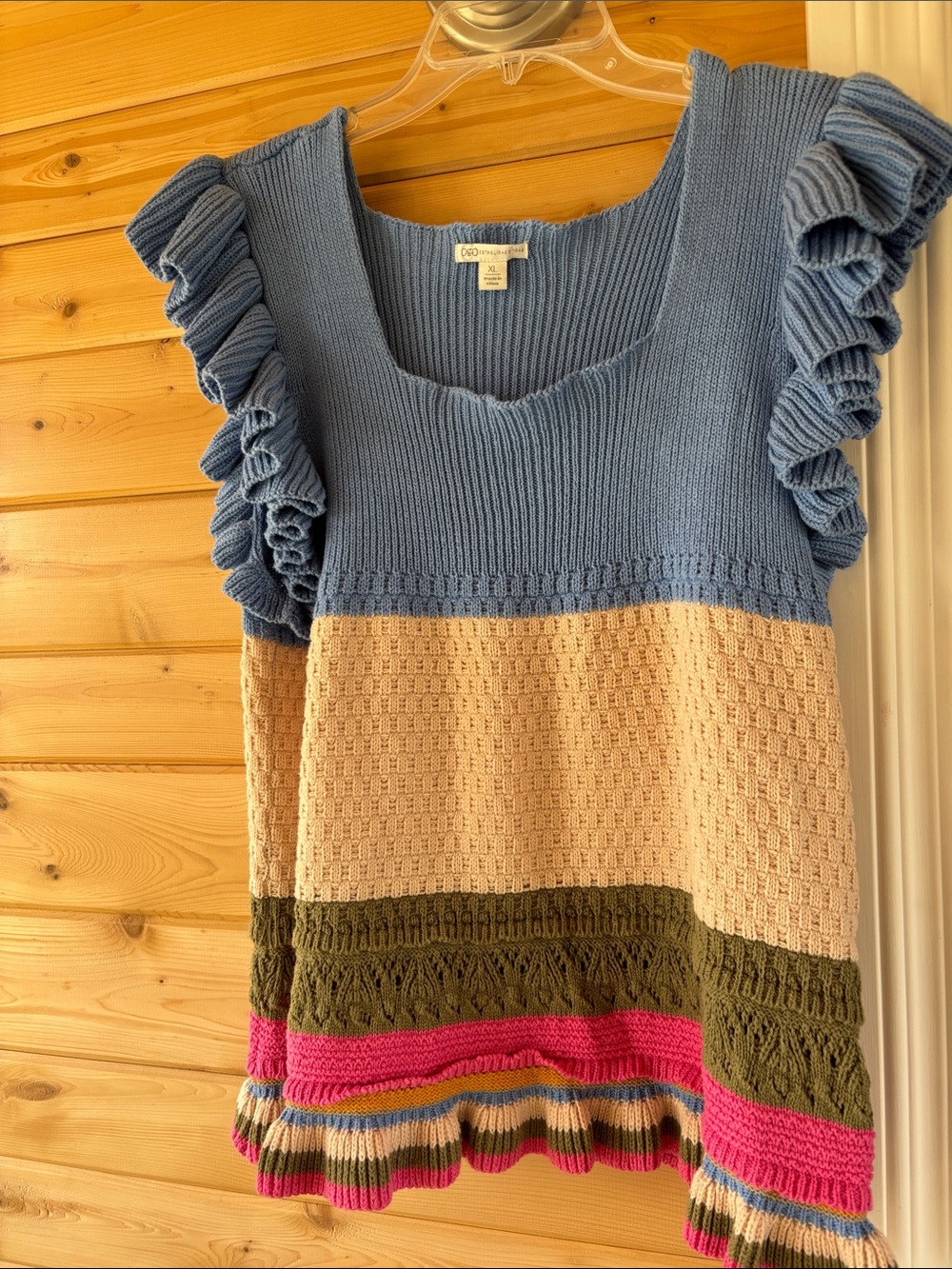 Cato Blue Ruffle Sleeve Colorblock Knit Top